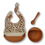 Set de bavoirs en silicone + bol avec ventouse et cuillère - Léopard rustic