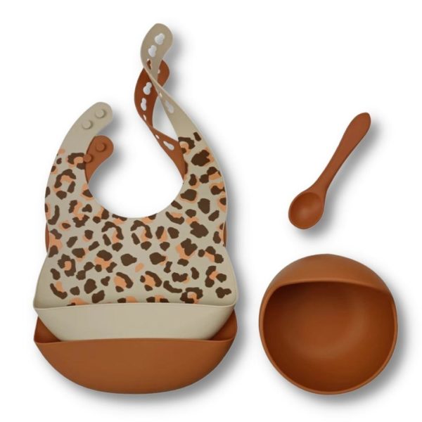 Set de bavoirs en silicone + bol avec ventouse et cuillère - Léopard rustic